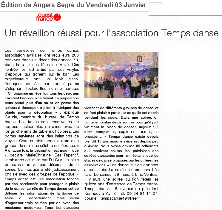 Article Ouest France le 3 janvier 2014
